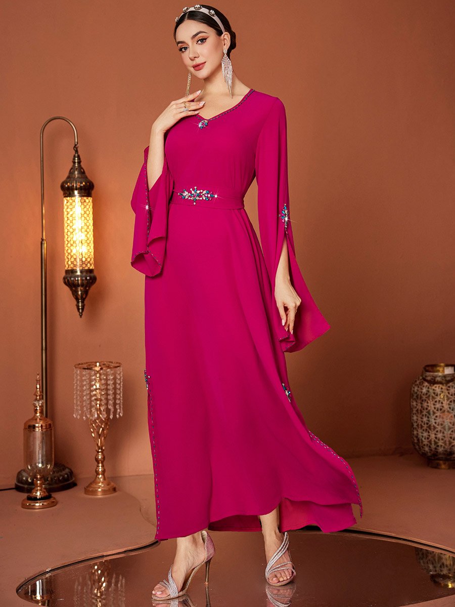 Embellished Round Neck Split Sleeve Maxi Dress