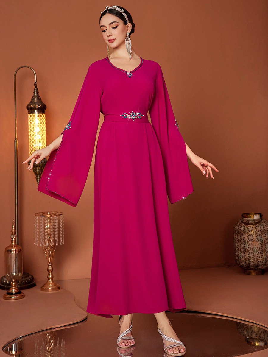 Embellished Round Neck Split Sleeve Maxi Dress