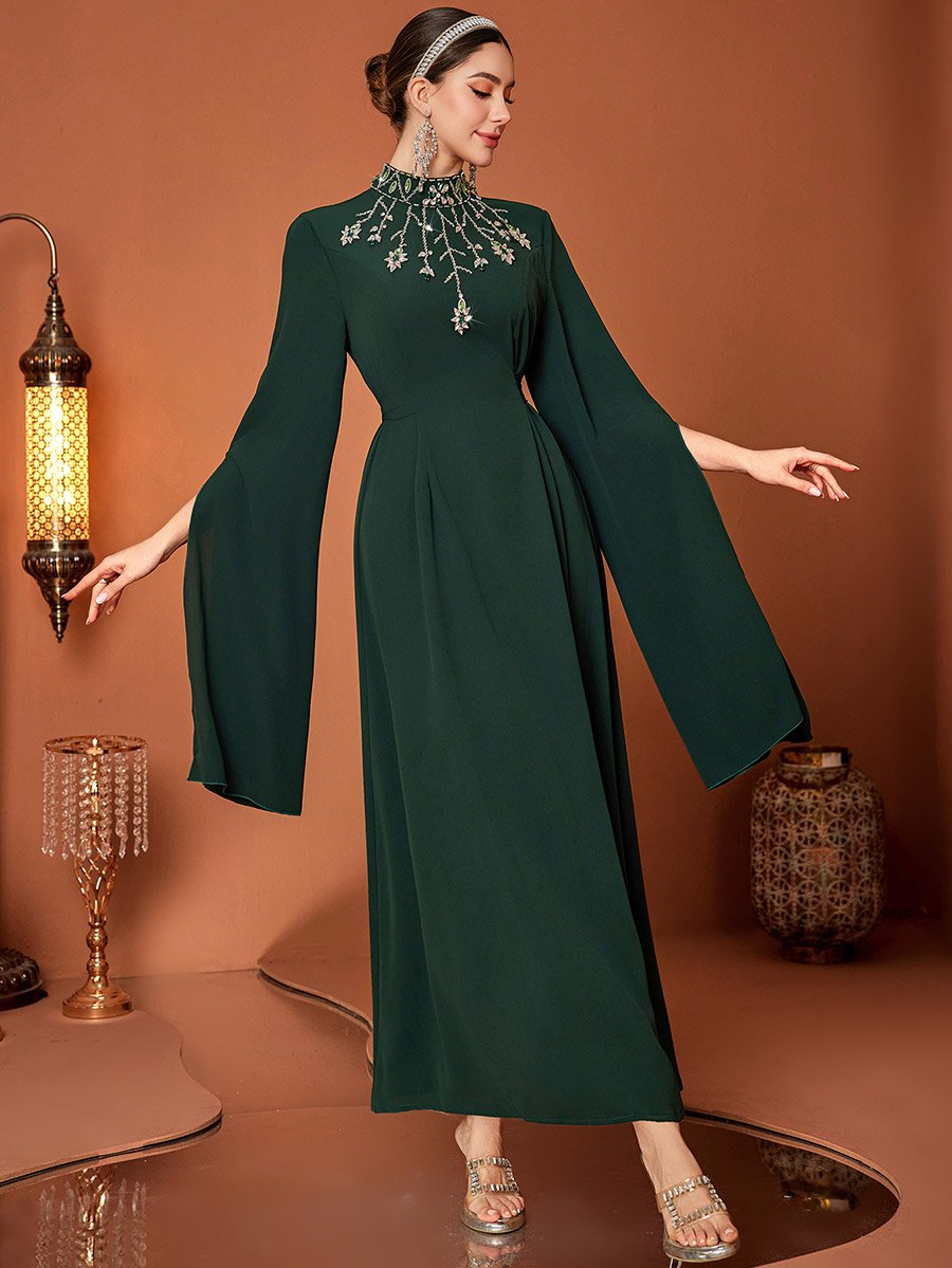 Embellished High Neck Cape Sleeve Maxi Dress