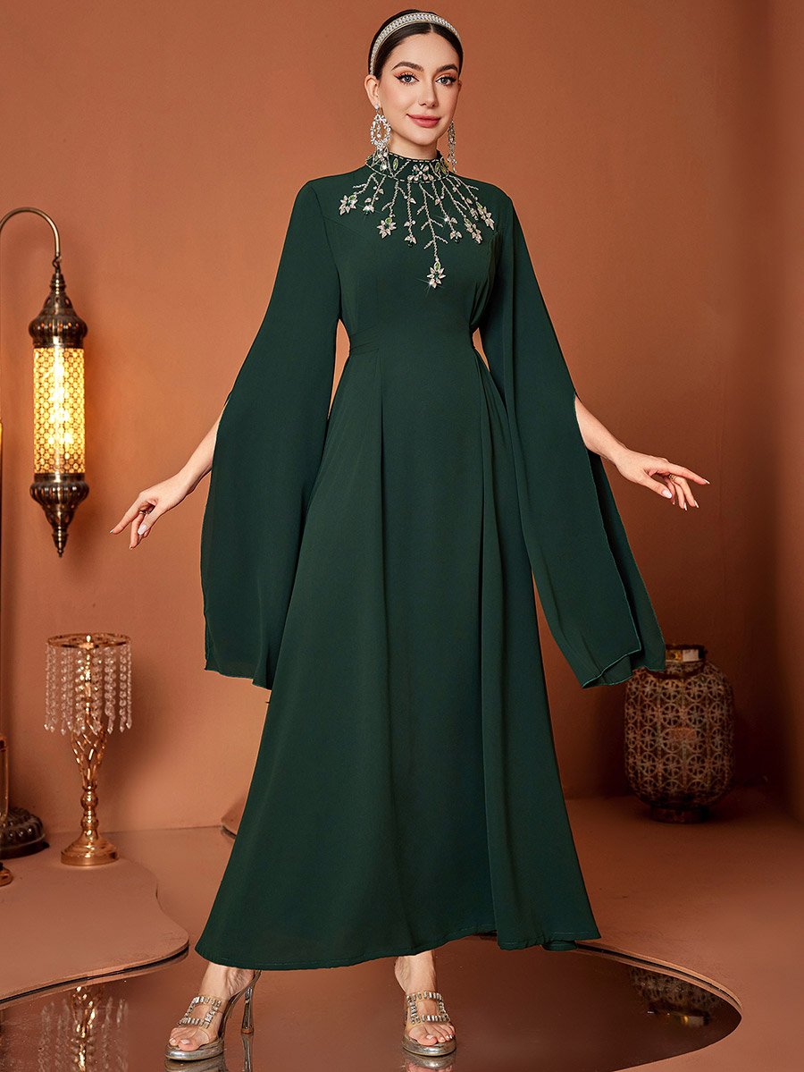 Embellished High Neck Cape Sleeve Maxi Dress