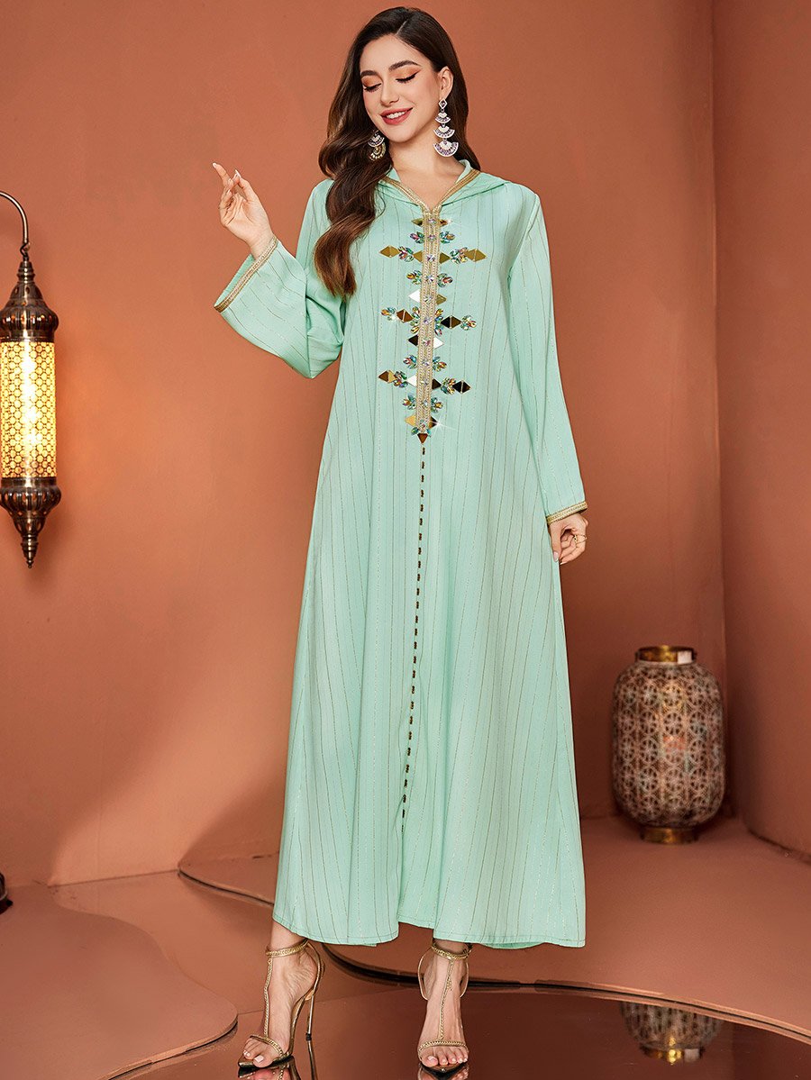 Striped Embroidered Hooded Jalabiya