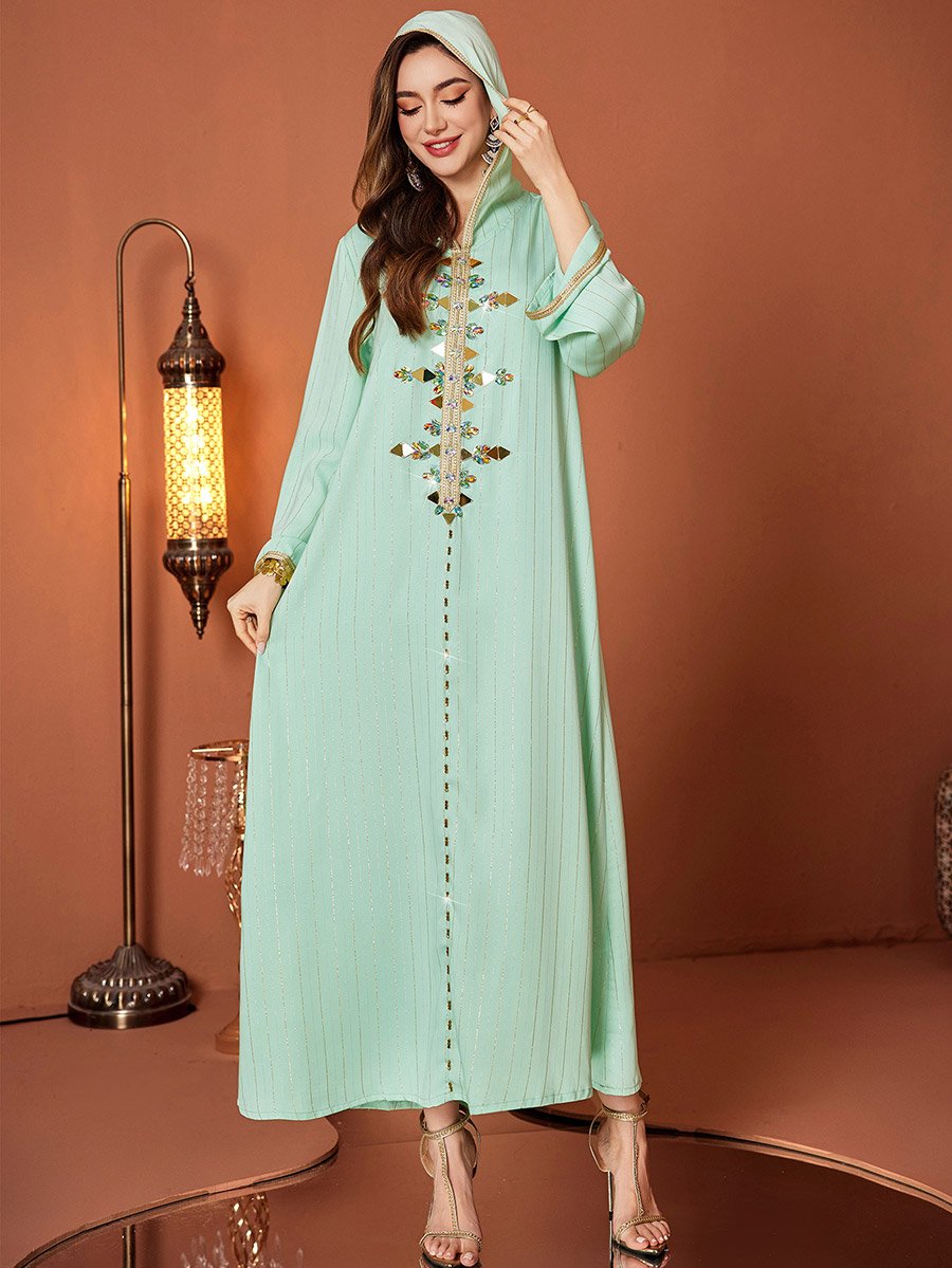 Striped Embroidered Hooded Jalabiya