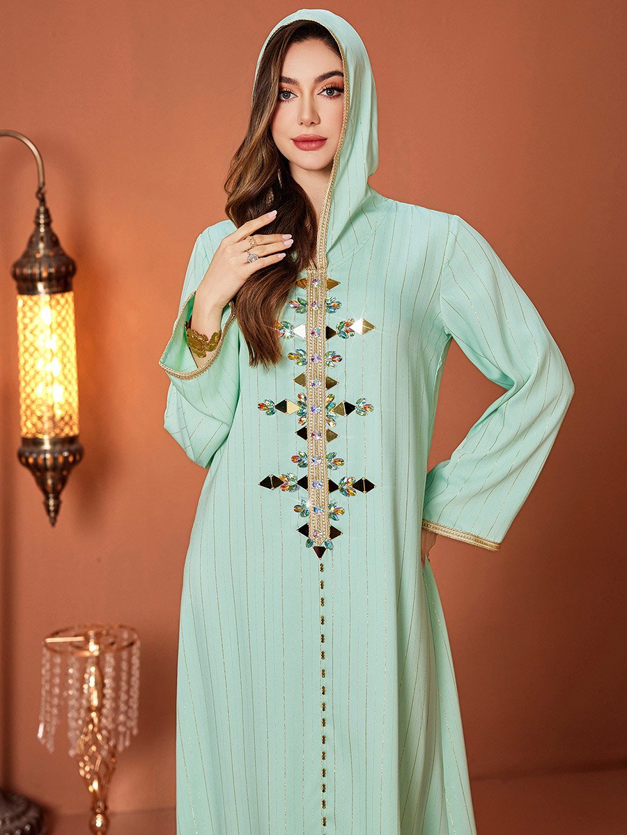 Striped Embroidered Hooded Jalabiya