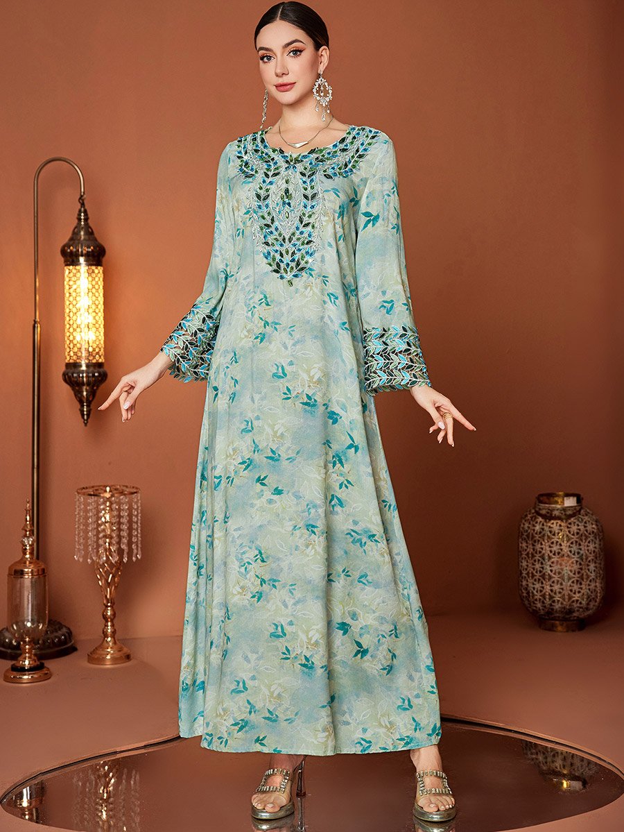 Floral Print Embroidered Lace Long Sleeve Jalabiya