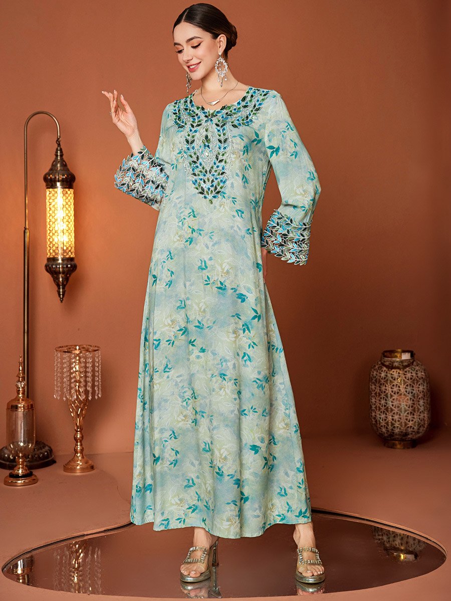 Floral Print Embroidered Lace Long Sleeve Jalabiya