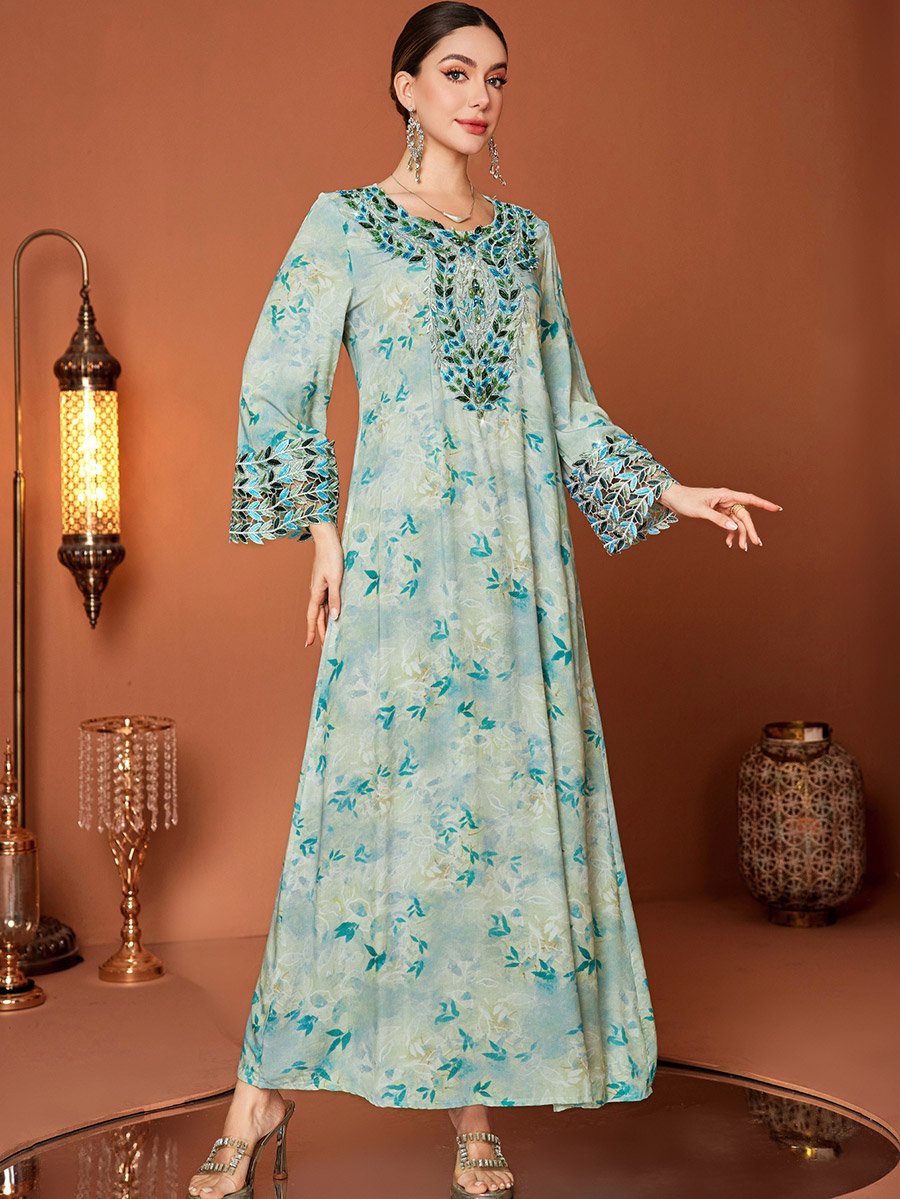Floral Print Embroidered Lace Long Sleeve Jalabiya