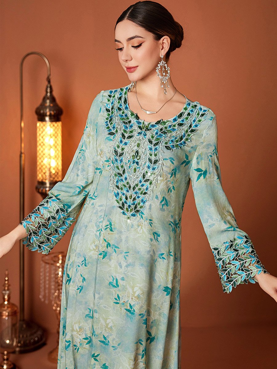 Floral Print Embroidered Lace Long Sleeve Jalabiya