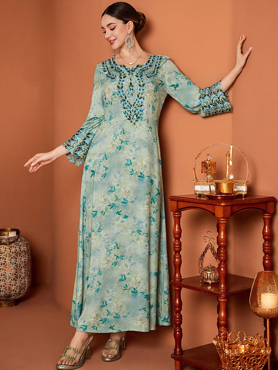 Floral Print Embroidered Lace Long Sleeve Jalabiya