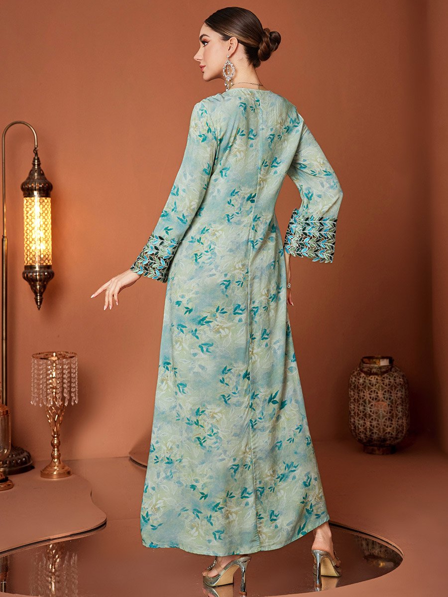 Floral Print Embroidered Lace Long Sleeve Jalabiya