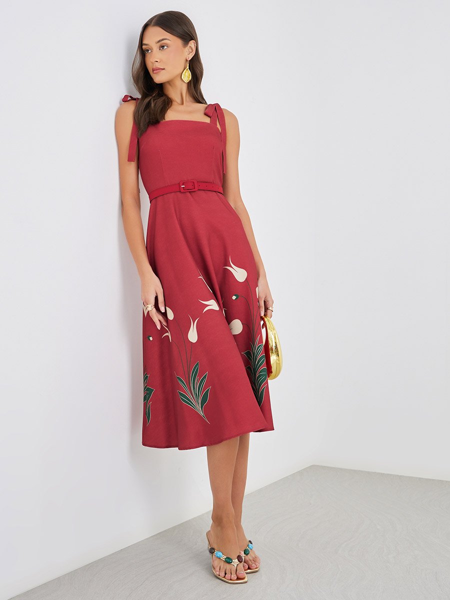 Floral Print Strappy A-Line Midi Dress with Fabric Belt