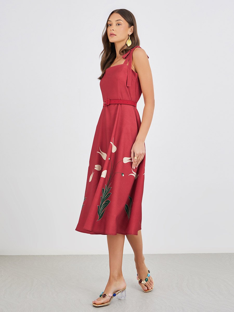 Floral Print Strappy A-Line Midi Dress with Fabric Belt