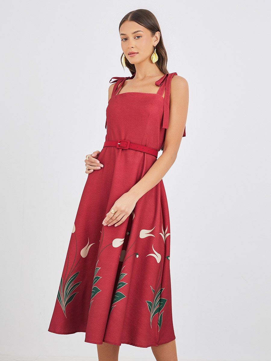 Floral Print Strappy A-Line Midi Dress with Fabric Belt