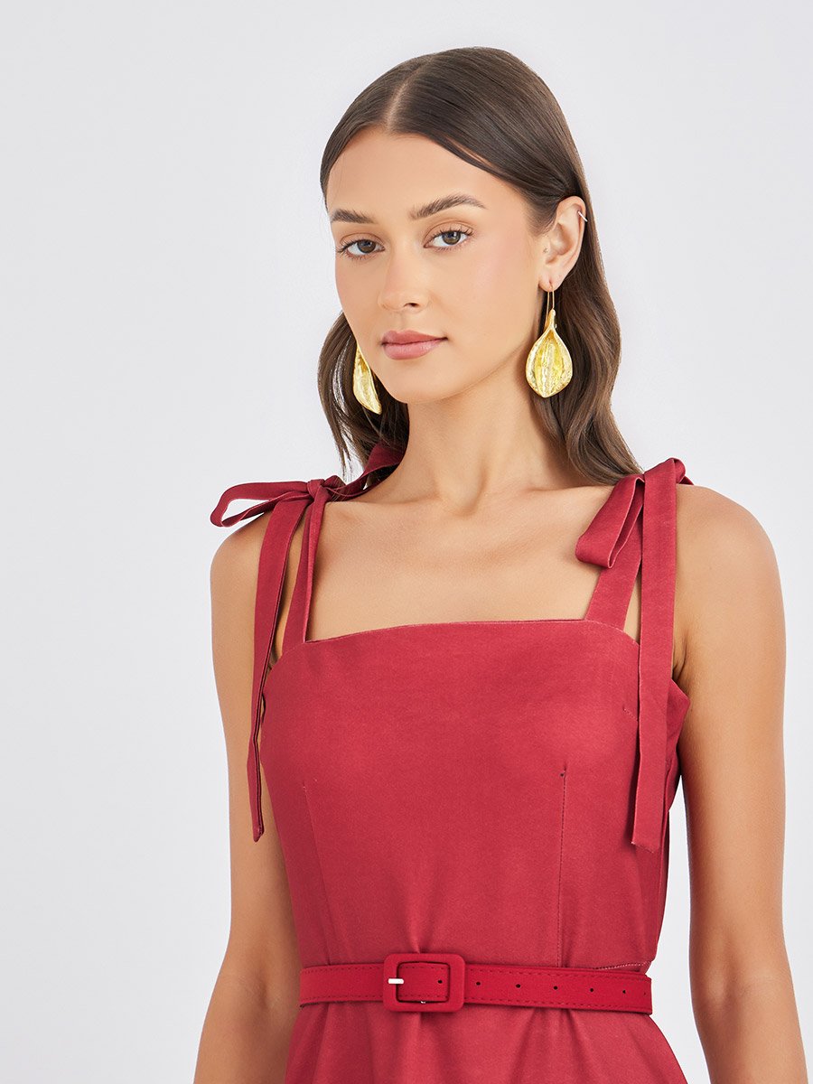 Floral Print Strappy A-Line Midi Dress with Fabric Belt