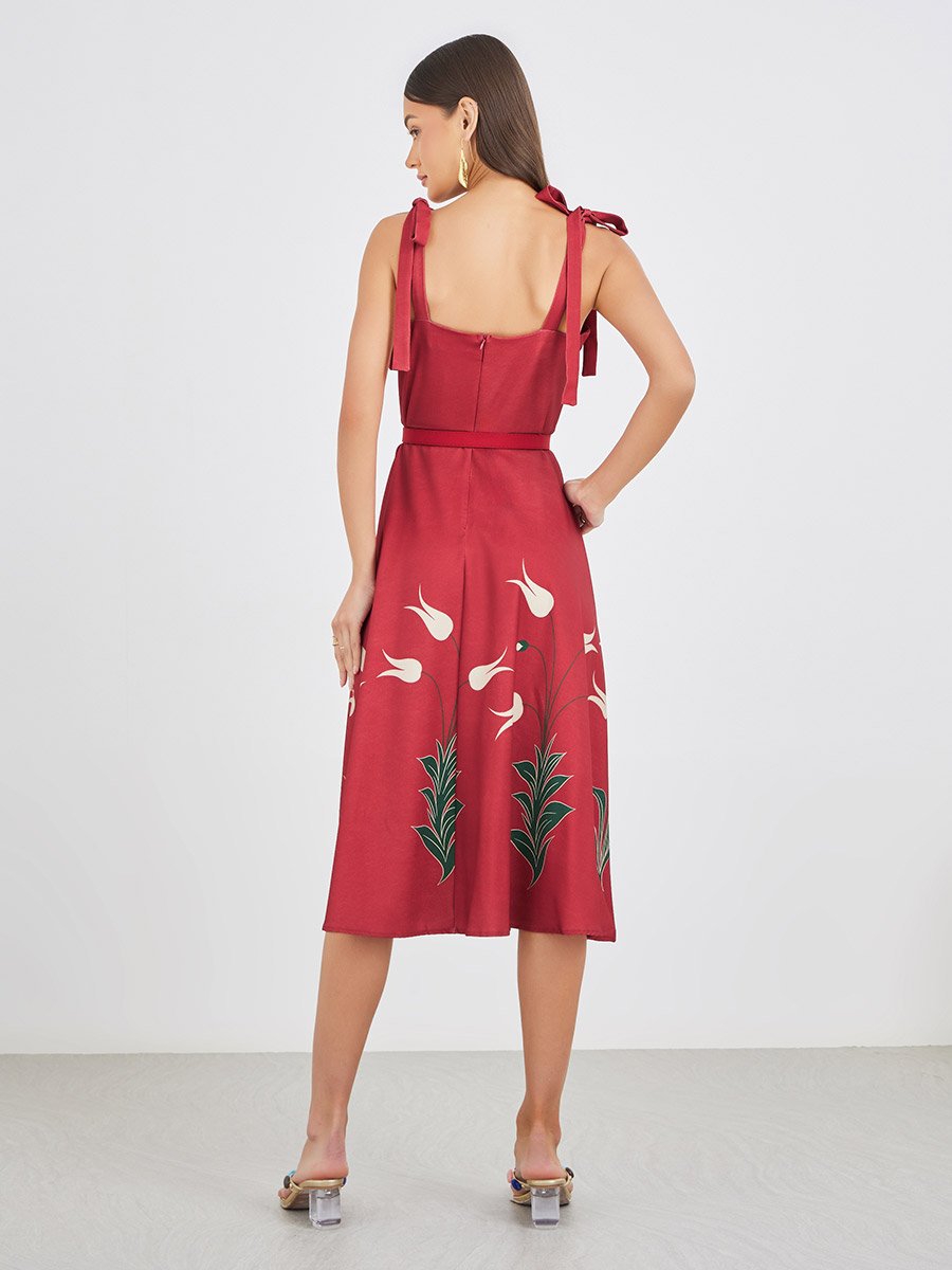 Floral Print Strappy A-Line Midi Dress with Fabric Belt