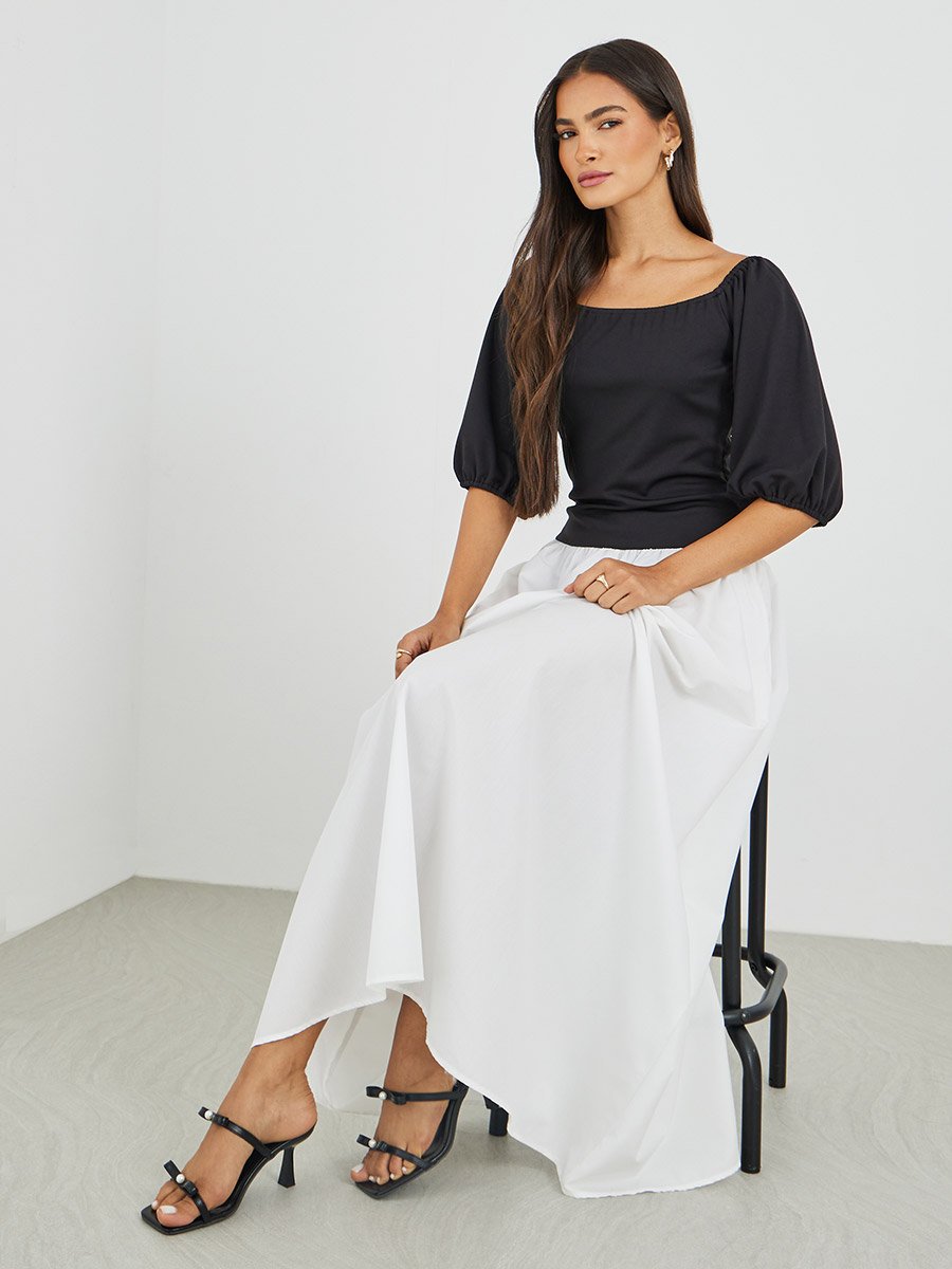 Color Block Balloon Sleeves A-Line Maxi Dress