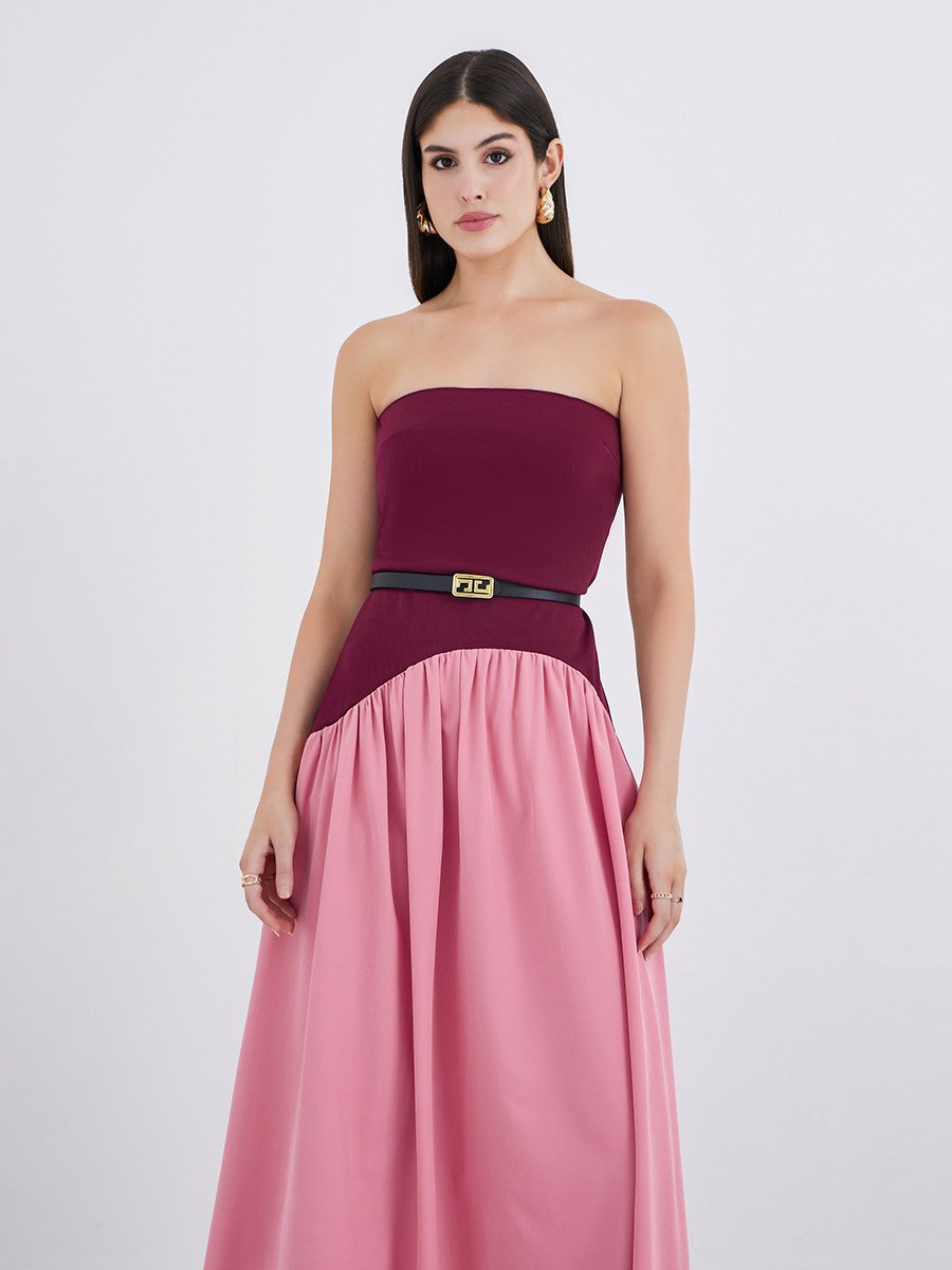 Women Color Block Strapless A-Line Maxi Dress with Belt Detail For Women at  Saudi | Styli