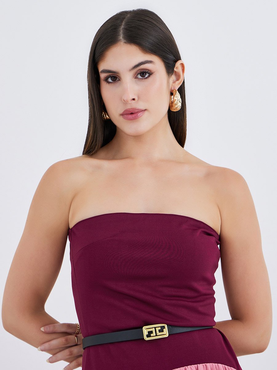 Women Color Block Strapless A-Line Maxi Dress with Belt Detail For Women at Saudi | Styli Women Color Block Strapless A-Line Maxi Dress with Belt Detail For Women at Saudi | Styli