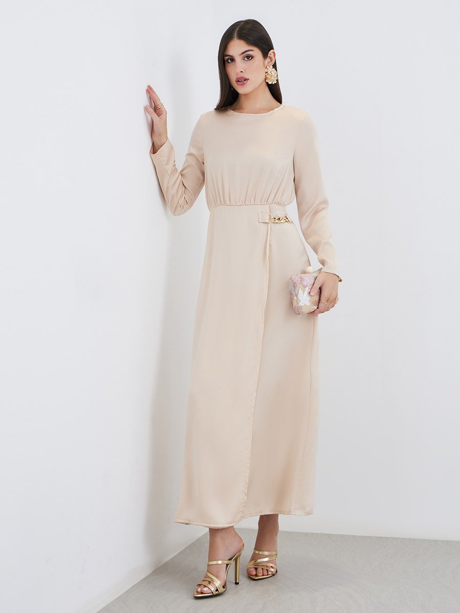 Beige Chain Accent A-Line Maxi Dress