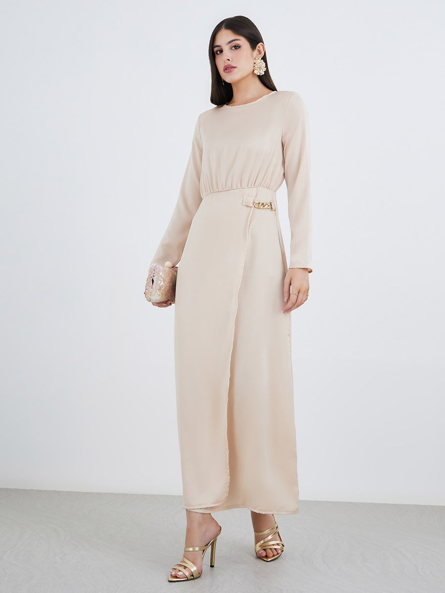 Beige Chain Accent A-Line Maxi Dress