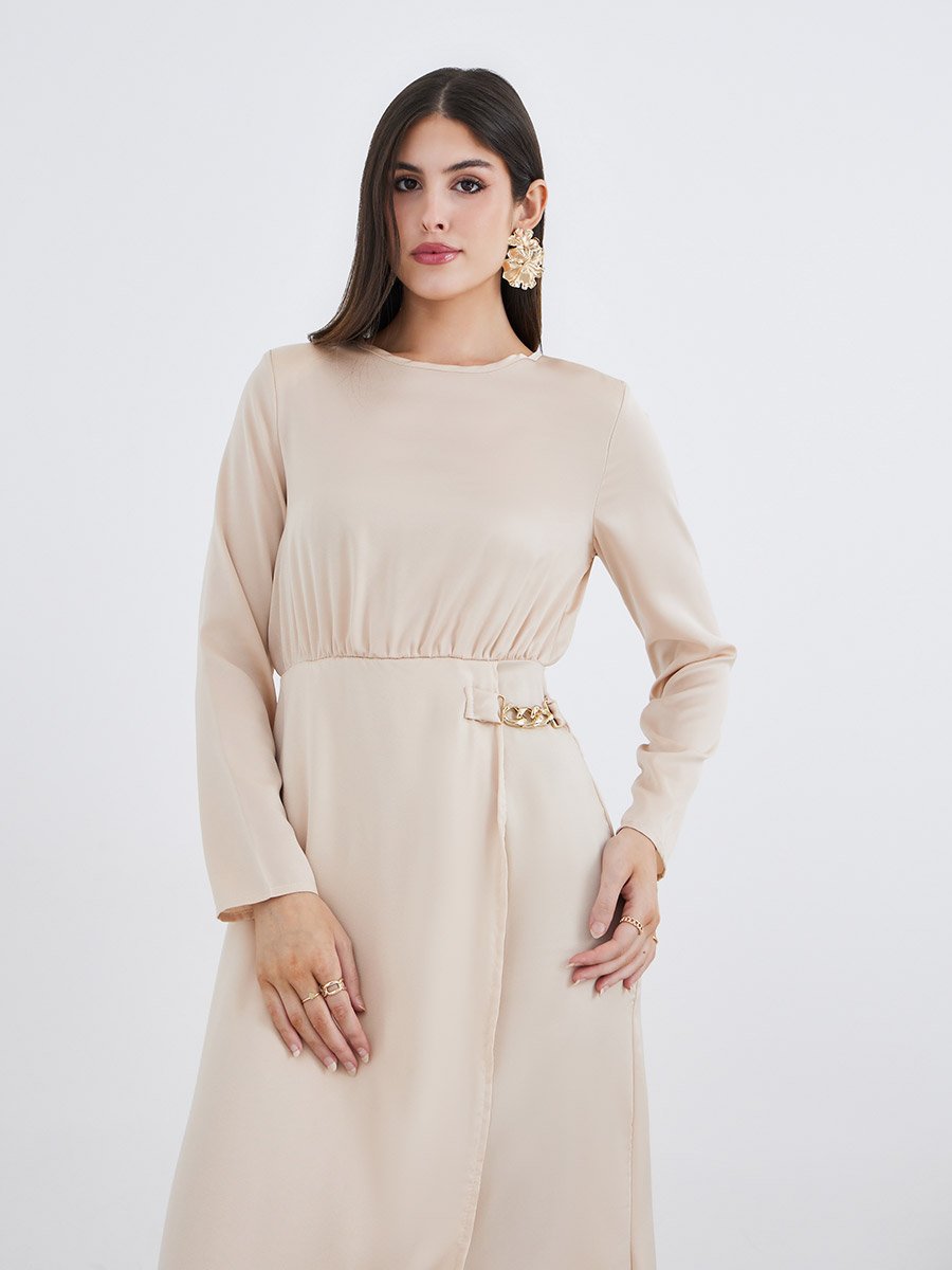 Beige Chain Accent A-Line Maxi Dress
