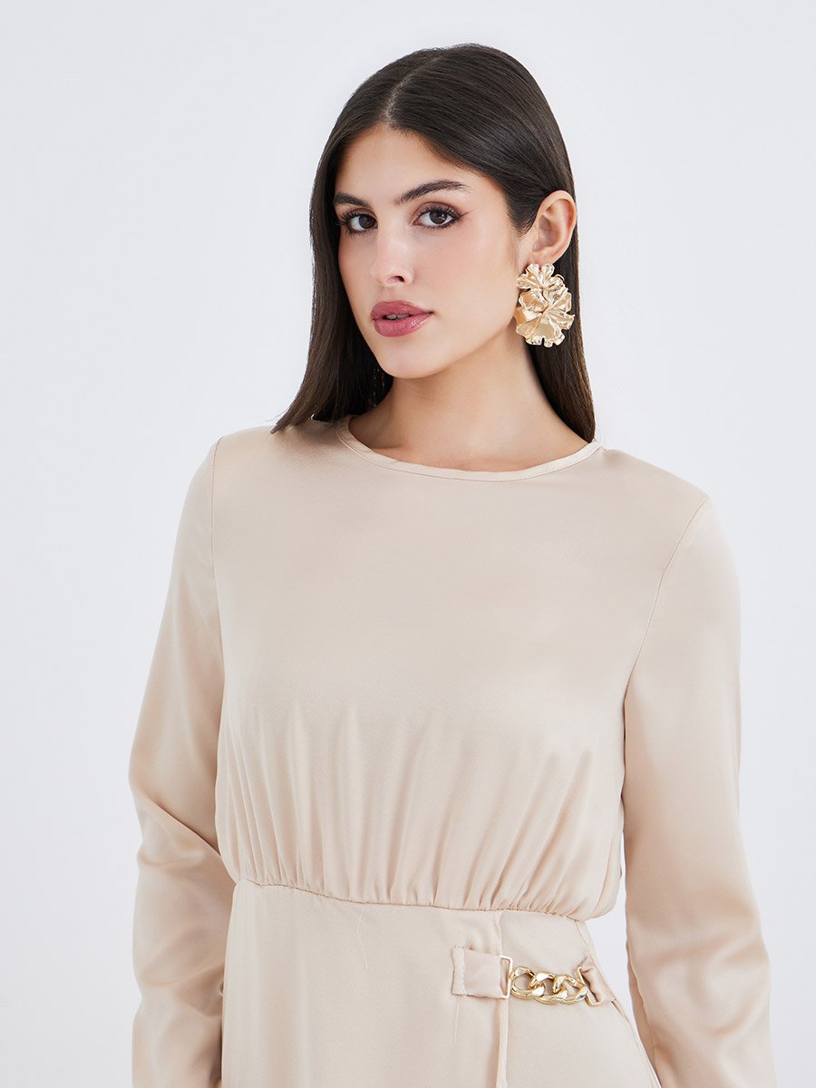 Beige Chain Accent A-Line Maxi Dress
