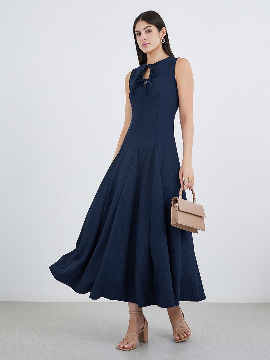 Navy Blue Tie-Up Neck A-Line Maxi Dress