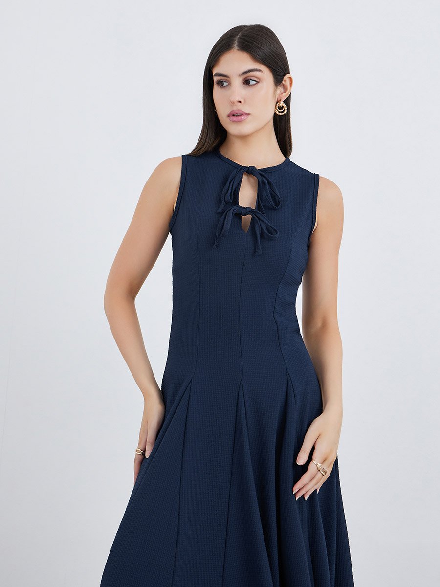 Navy Blue Tie-Up Neck A-Line Maxi Dress