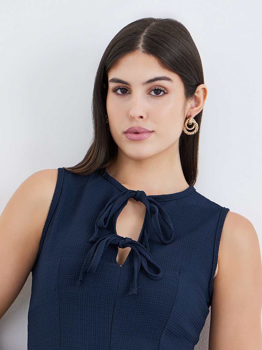 Navy Blue Tie-Up Neck A-Line Maxi Dress