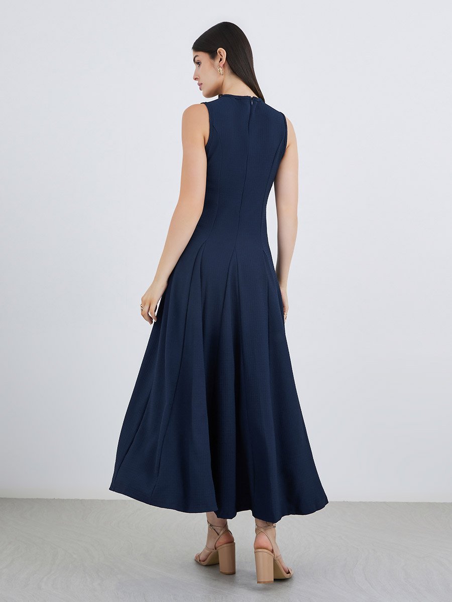 Navy Blue Tie-Up Neck A-Line Maxi Dress