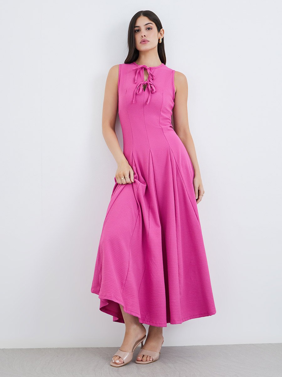 Pink Tie-Up Neck A-Line Maxi Dress