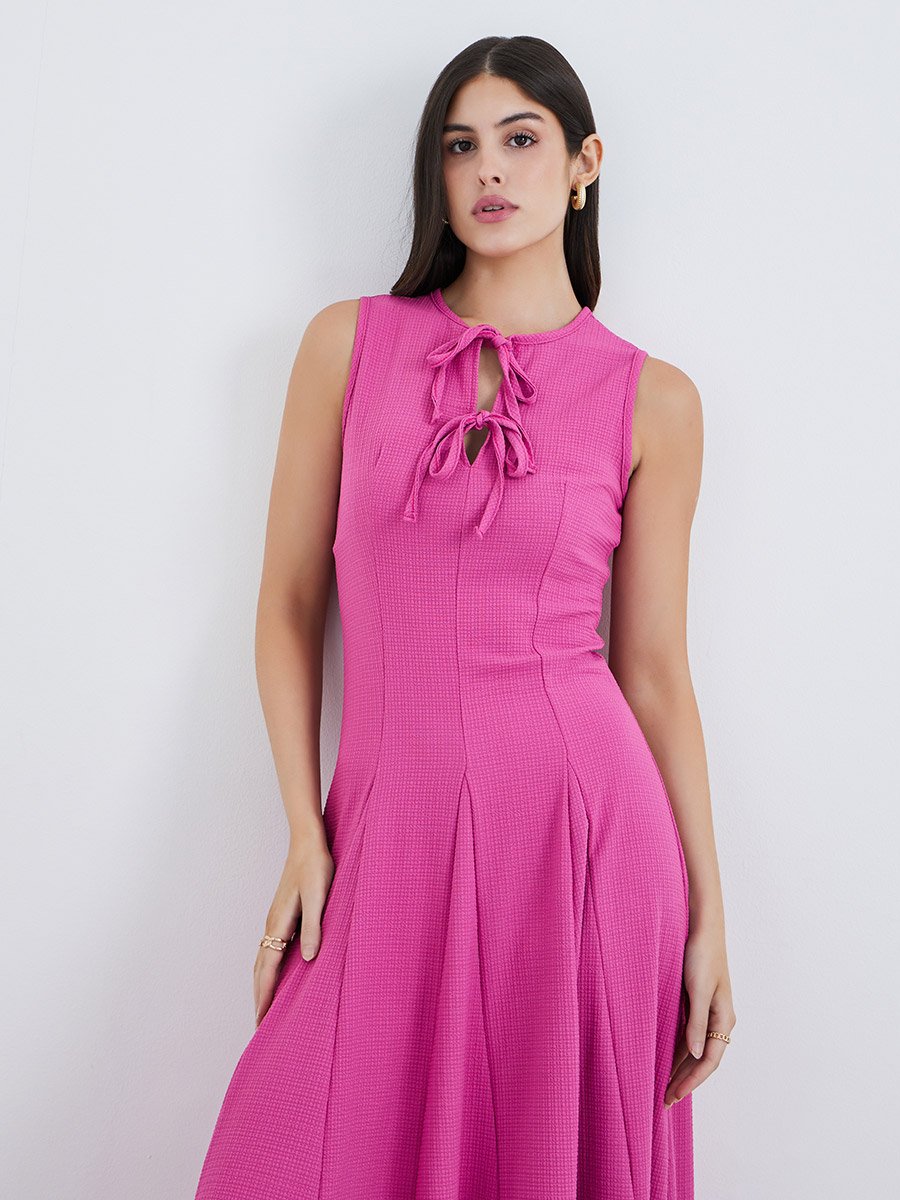 Pink Tie-Up Neck A-Line Maxi Dress