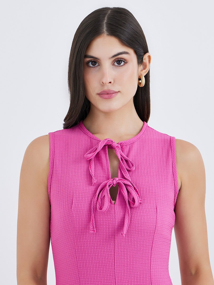 Pink Tie-Up Neck A-Line Maxi Dress
