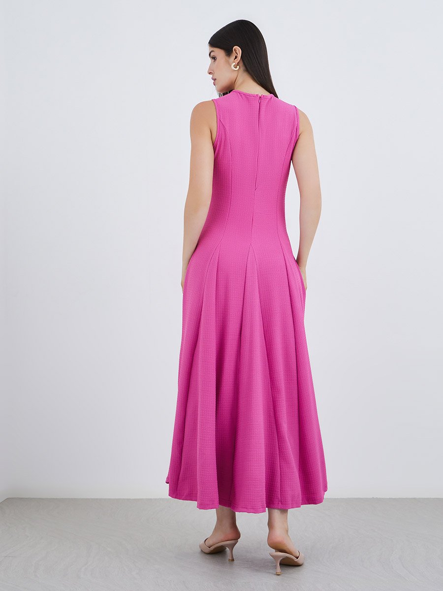 Pink Tie-Up Neck A-Line Maxi Dress