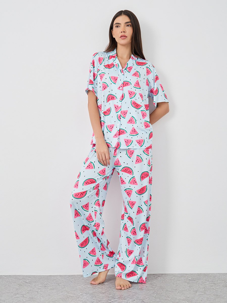 Watermelon Print Short Sleeve Shirt and Pyjama Set