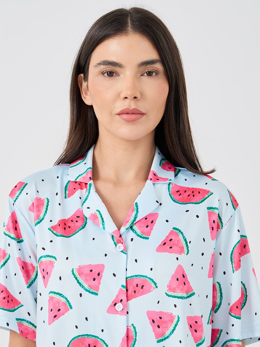 Watermelon Print Short Sleeve Shirt and Pyjama Set