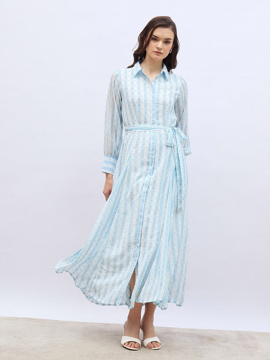Women Blue Striped Dobby Shirt Maxi Dress with Tie Belt