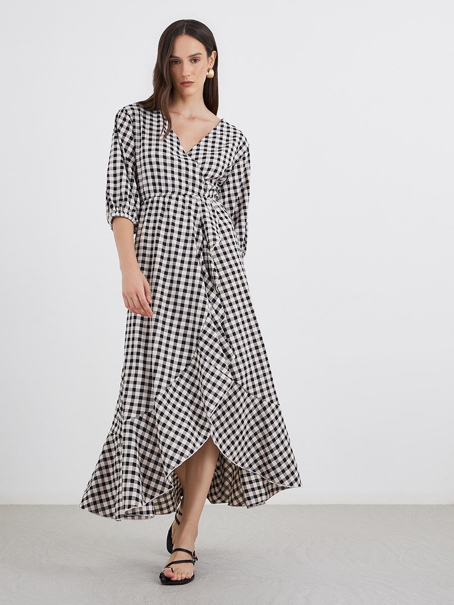 Gingham Check Print Frilled Hem Maxi Dress