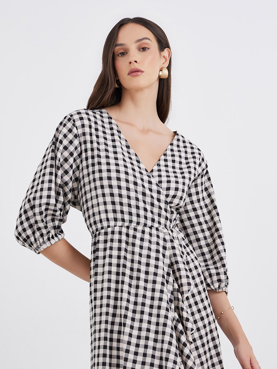 Gingham Check Print Frilled Hem Maxi Dress