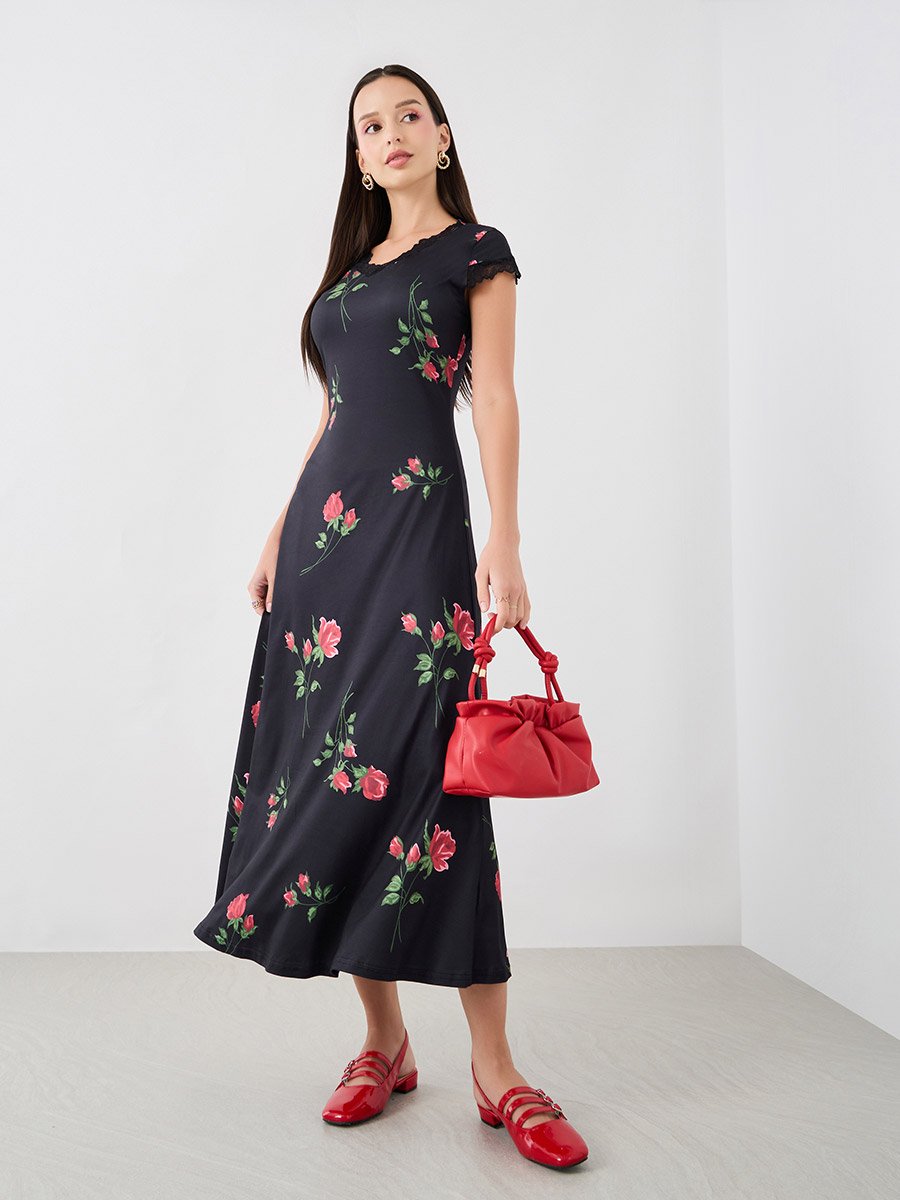 Floral Print Lace Detail Short Sleeve Midi Dress