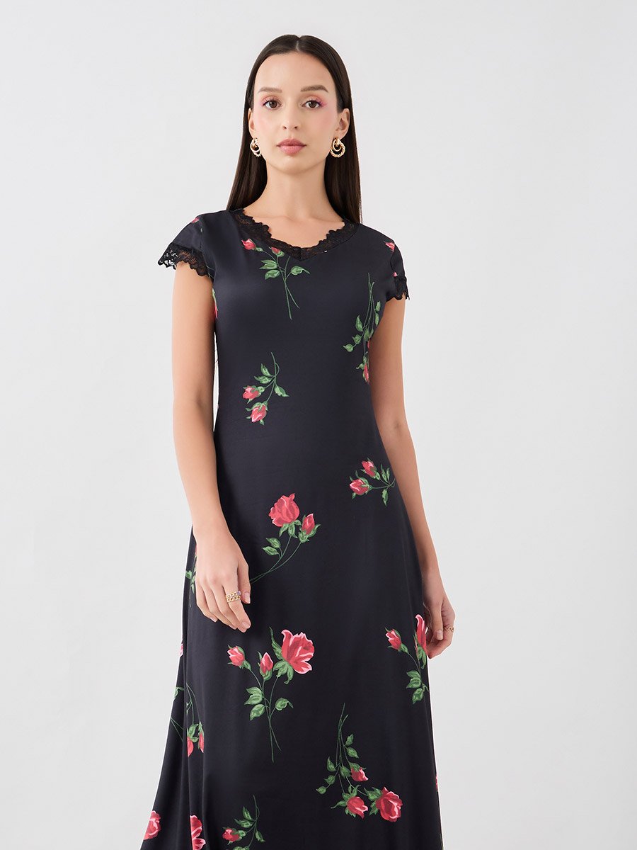 Floral Print Lace Detail Short Sleeve Midi Dress