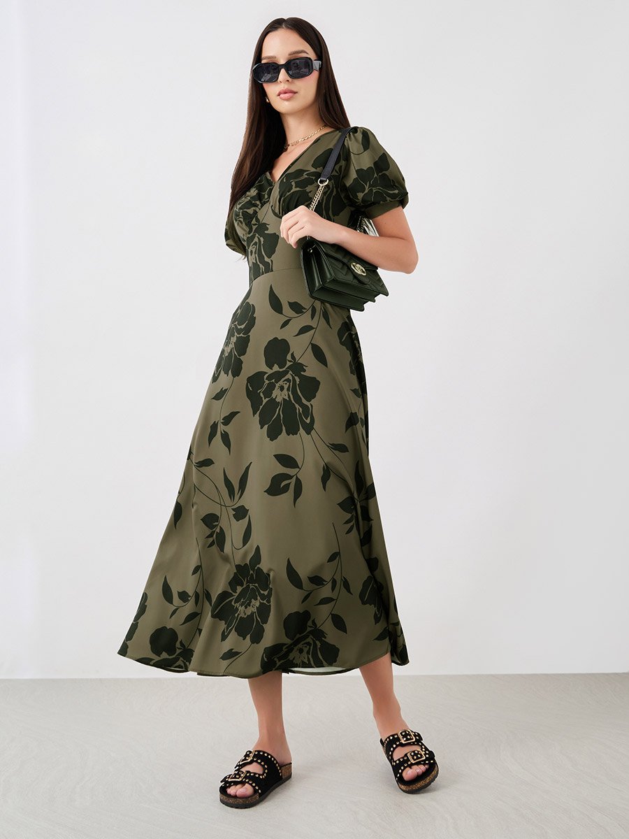 Graphic Print V-Neck Puff Sleeve Midi Dress