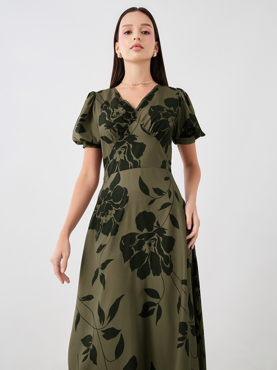 Graphic Print V-Neck Puff Sleeve Midi Dress