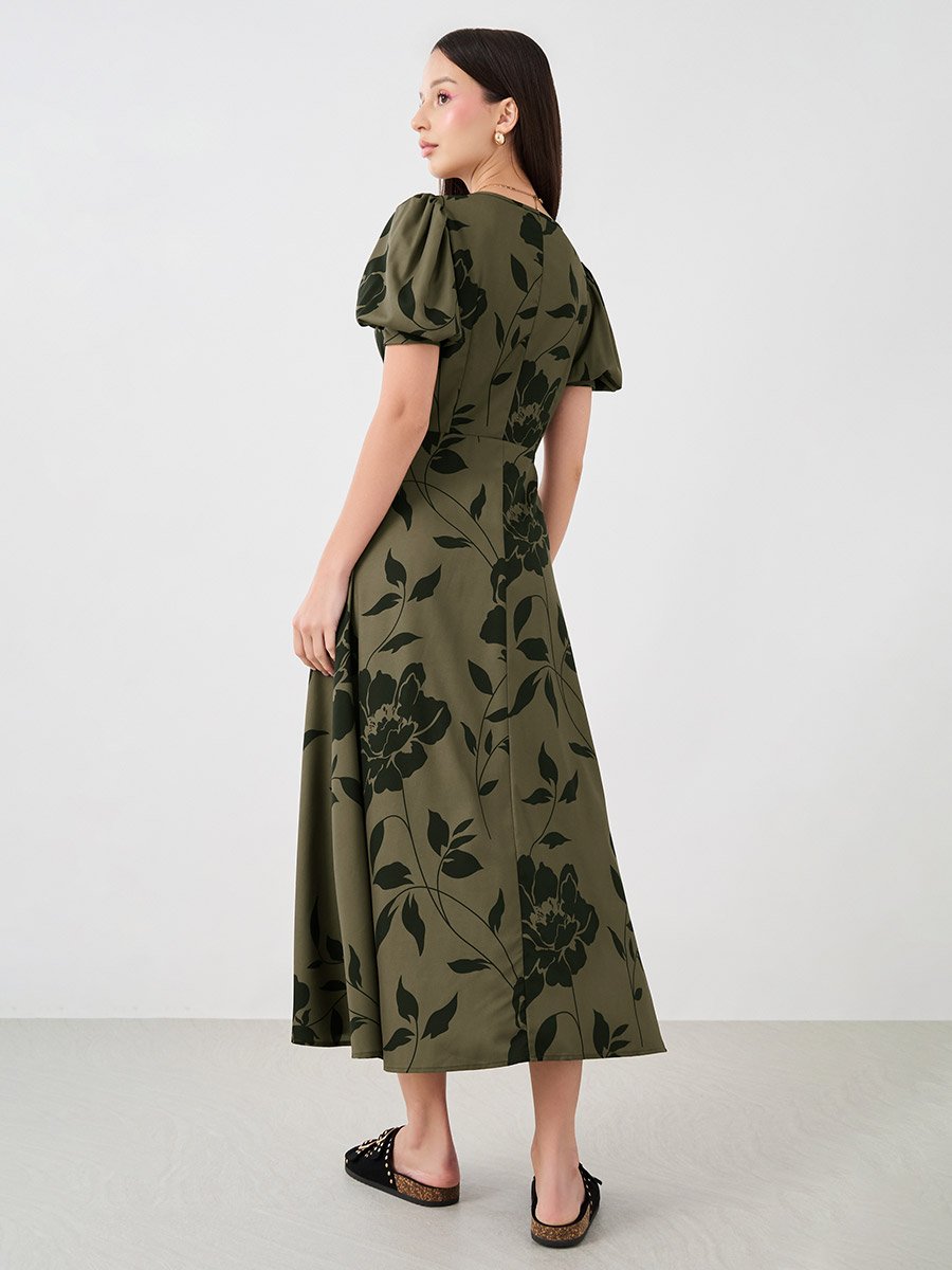 Graphic Print V-Neck Puff Sleeve Midi Dress