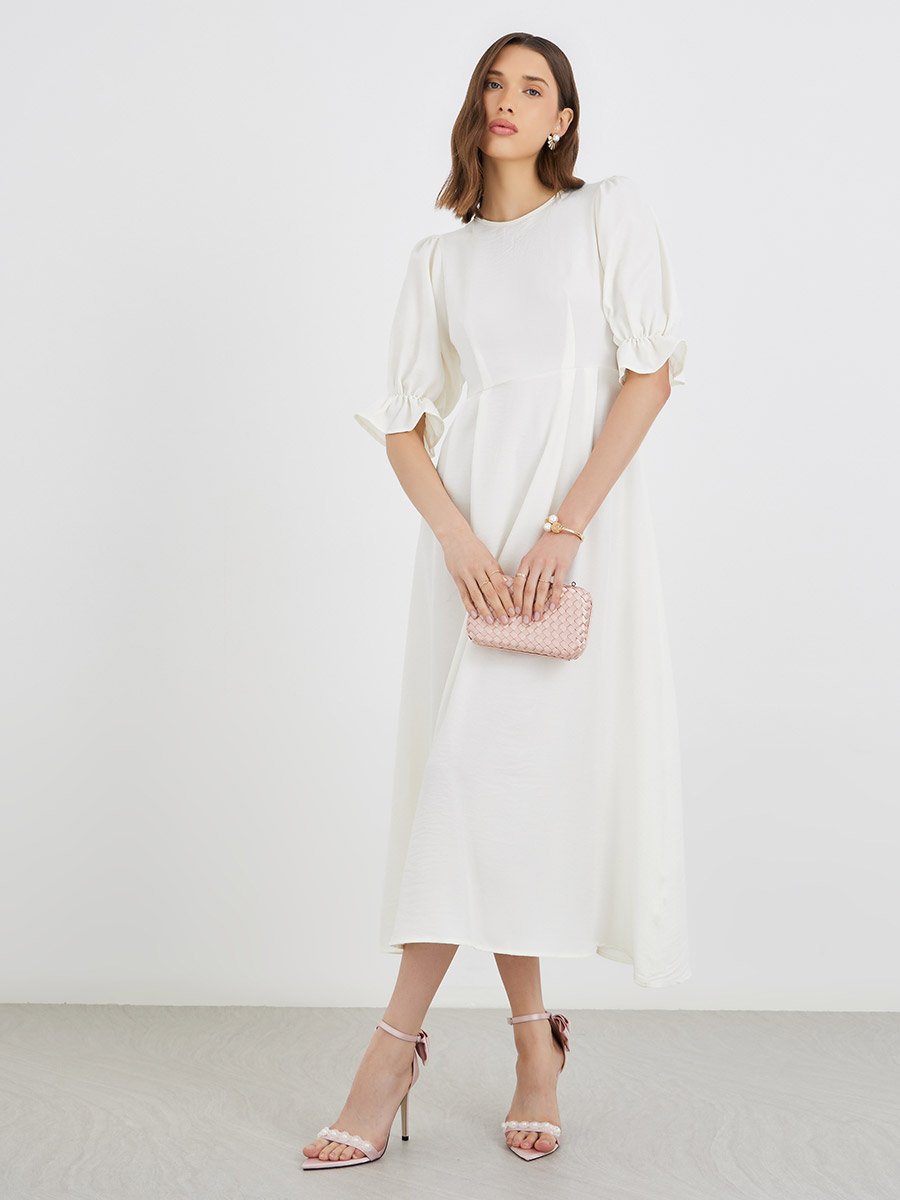 Solid Puff Sleeve Round Neck A-Line Midi Dress