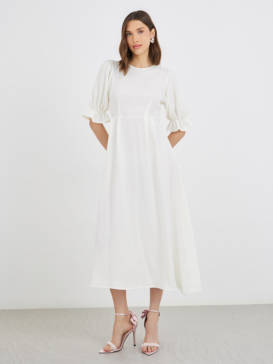 Solid Puff Sleeve Round Neck A-Line Midi Dress