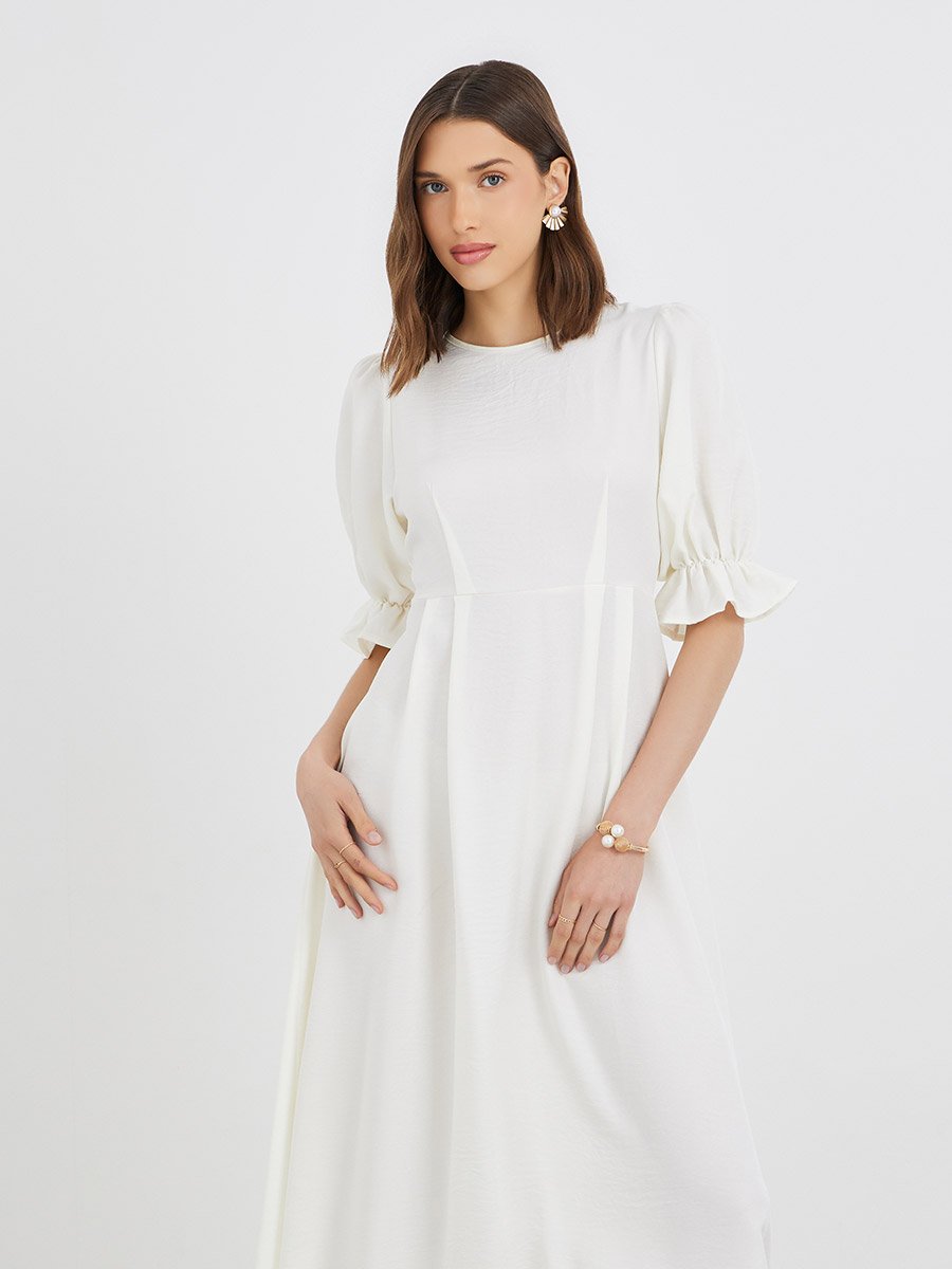 Solid Puff Sleeve Round Neck A-Line Midi Dress