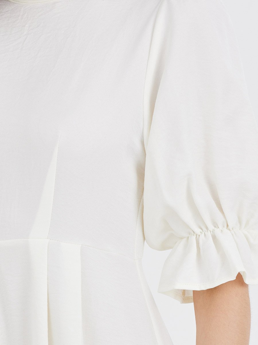 Solid Puff Sleeve Round Neck A-Line Midi Dress