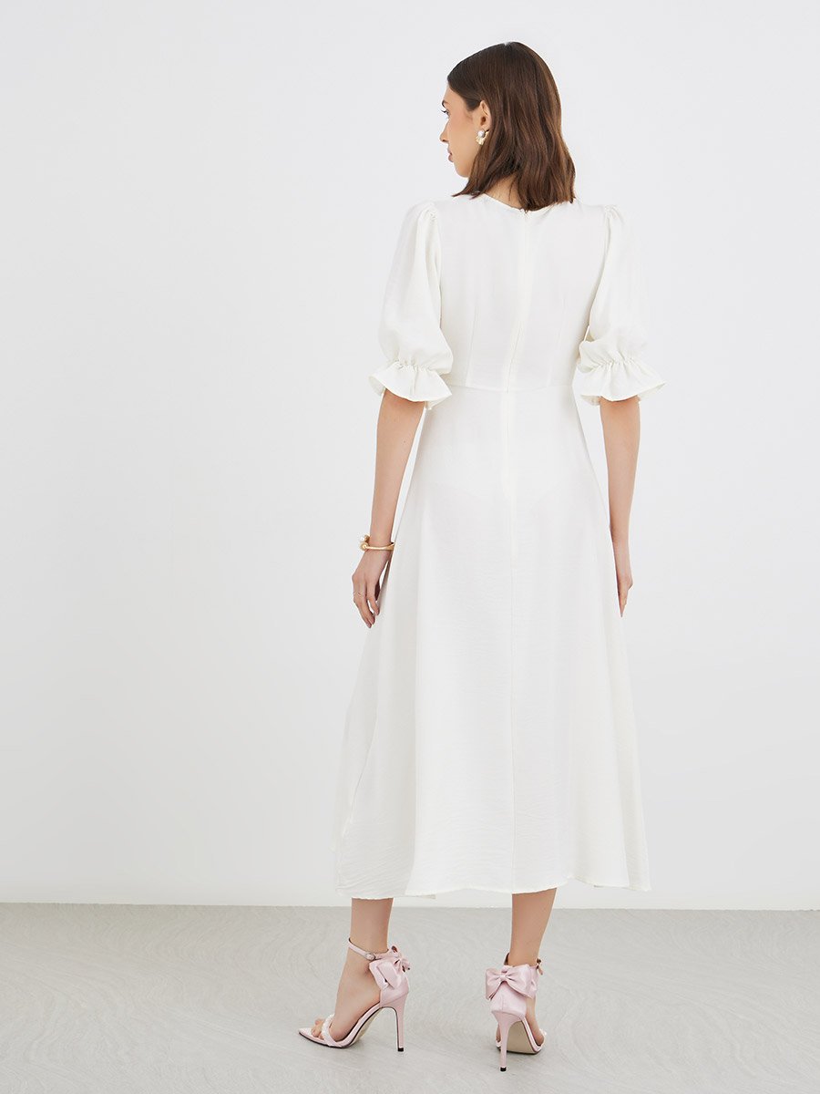 Solid Puff Sleeve Round Neck A-Line Midi Dress