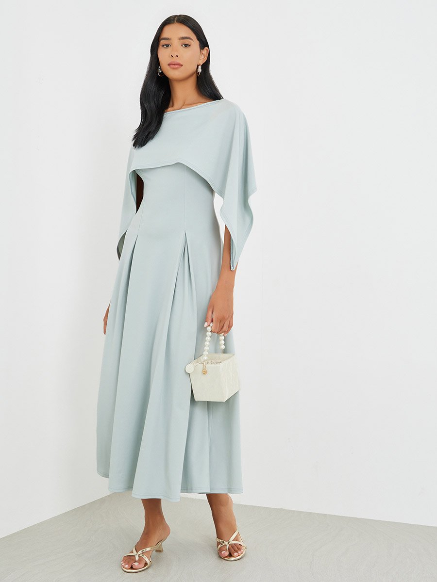 Solid Cape Sleeve Pleated Detail Midi Dress