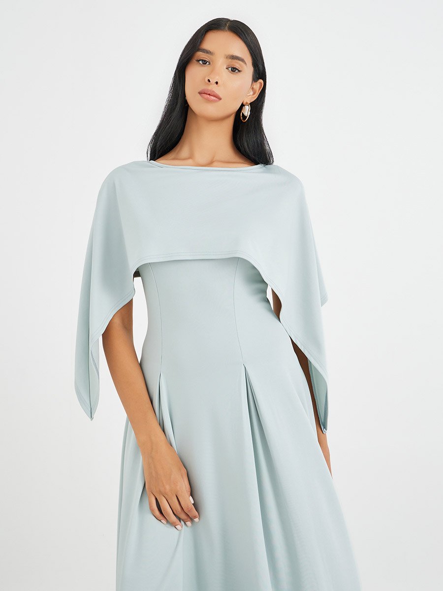 Solid Cape Sleeve Pleated Detail Midi Dress
